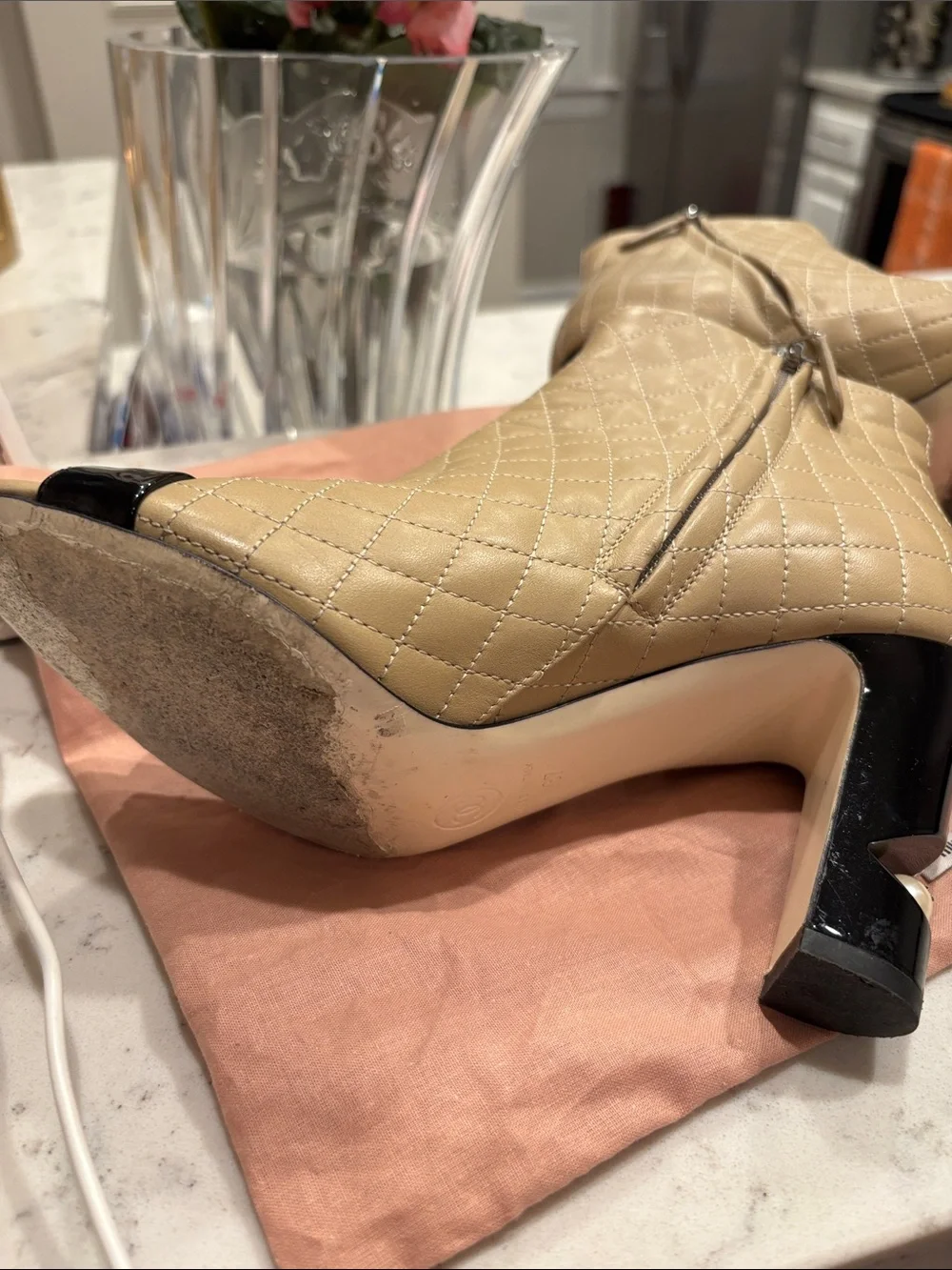 CHANEL Beige Quilted Peep-Toe Ankle Boots with Black Patent Trim